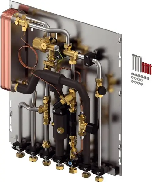 Wärmeübergabestation von Uponor, bestehend aus verschiedenen Rohren und Armaturen. Montageplatte mit separaten Verbindungen für Heiz- und Warmwasserversorgung.